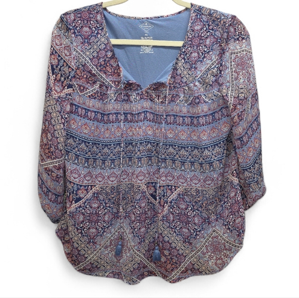 St. John's Bay Petite PS Boho Paisley V-Neck Blouse Blue Mauve Long Sleeve Ties